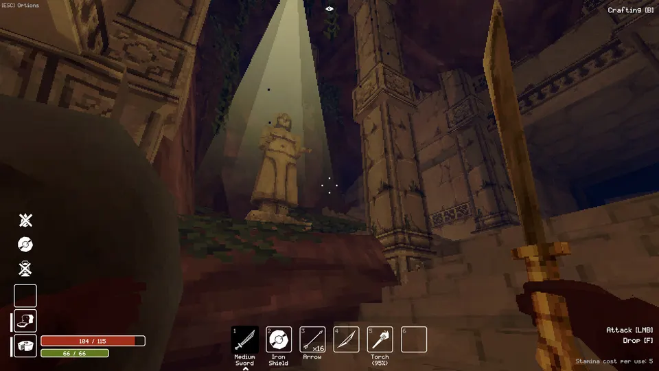 An explorer faces a statue in a stone hall in Deep Dish Dungeon.