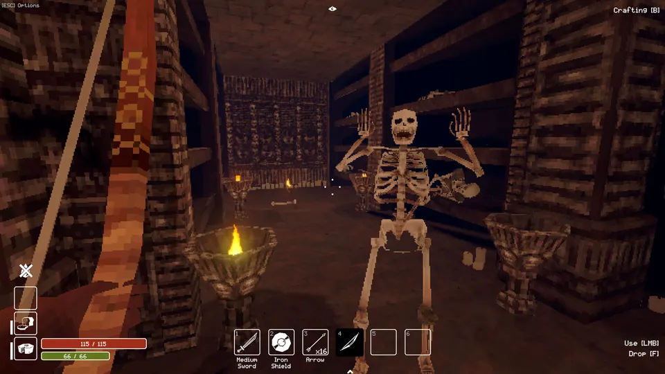 A skeleton faces an explorer with a bow in Deep Dish Dungeon.