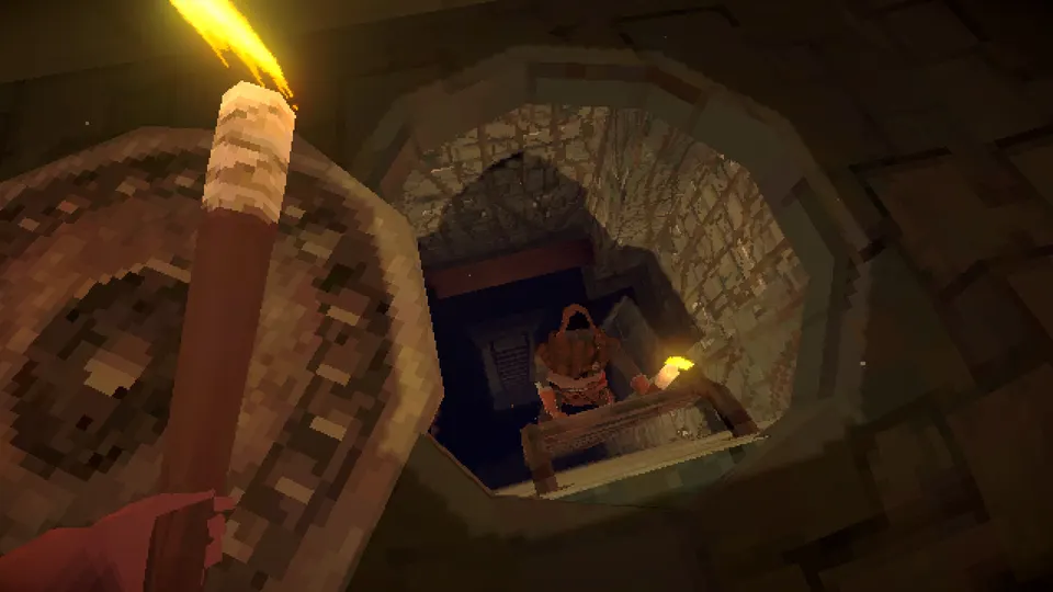 An explorer climbs down a ladder in Deep Dish Dungeon.