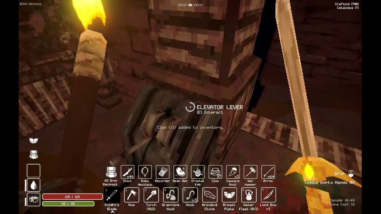 The lower Elevator Lever with an interaction prompt in Deep Dish Dungeon.