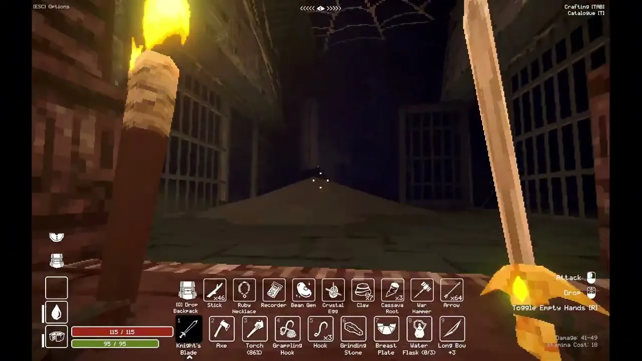 The elevator opens onto a barred prison corridor in Deep Dish Dungeon.
