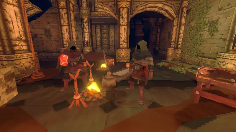 Two adventurers stand by a cooking fire in a dungeon chamber.