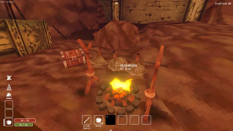 Mushrooms roasting over a campfire inside the dungeon.