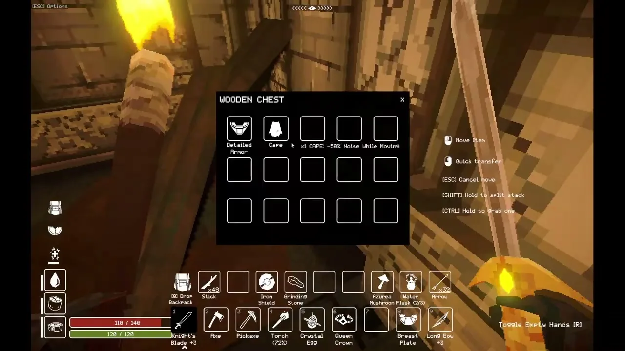A Cape and Detailed Armor in a wooden chest in Deep Dish Dungeon.