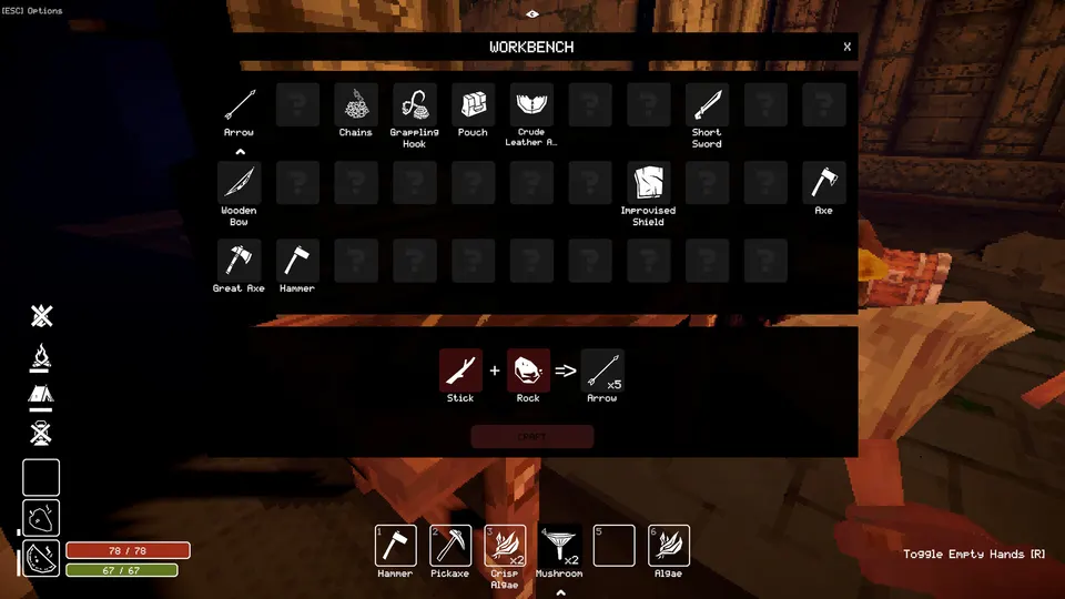 A workbench menu displays tools and item icons in Deep Dish Dungeon.