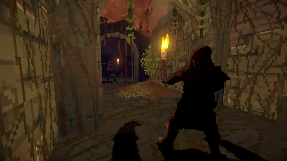 An explorer carries a torch along a stone passage in Deep Dish Dungeon.