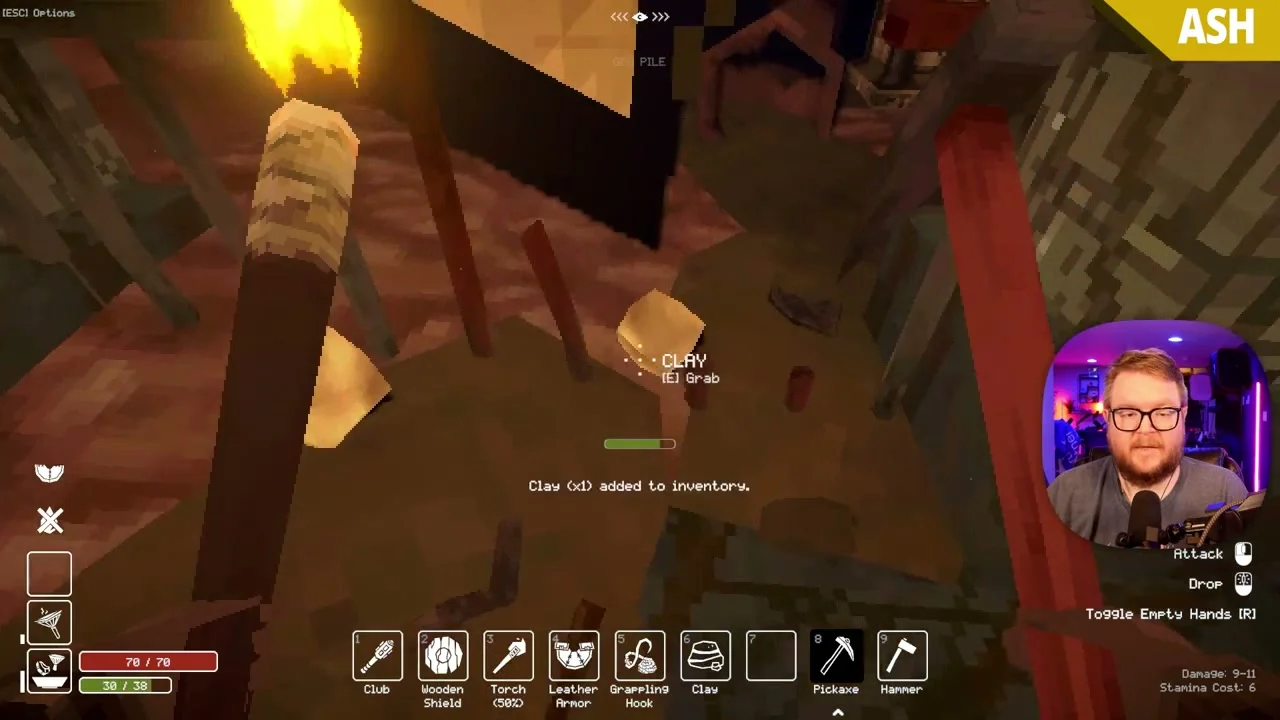 A Clay pickup prompt and inventory notification appear after a Goo Pile is mined in Deep Dish Dungeon.