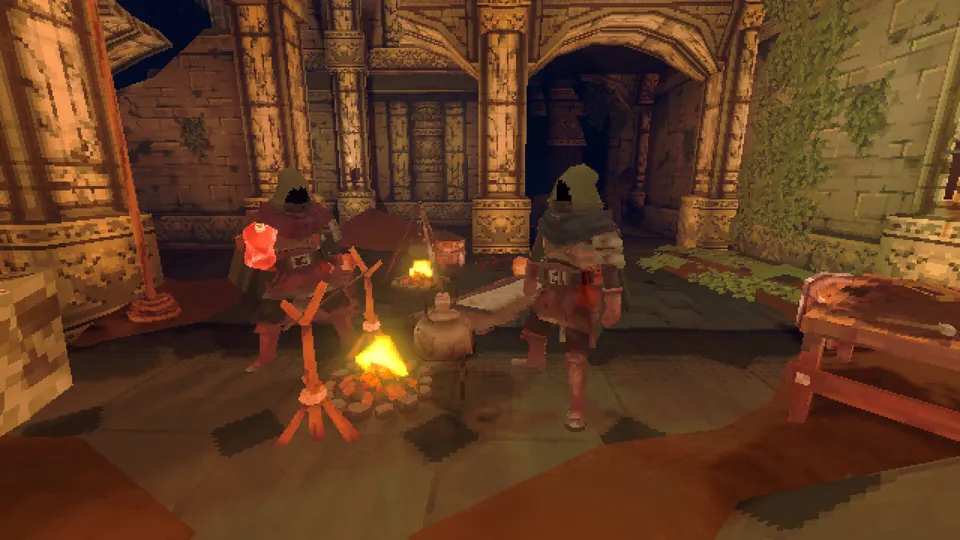 Two adventurers stand beside a campfire in Deep Dish Dungeon.