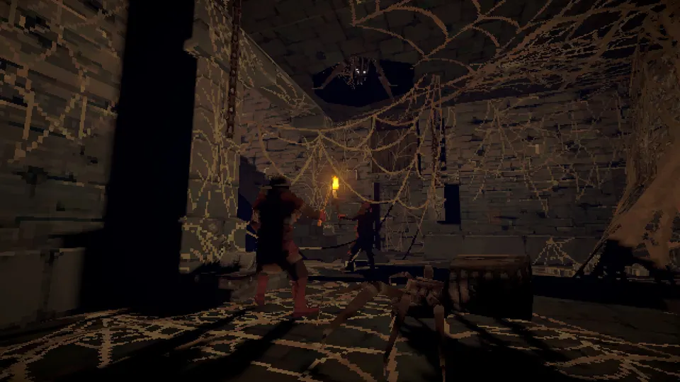 Two explorers stand in a web-filled room in Deep Dish Dungeon.